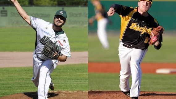 A tale of 2 pitchers: Nick Renault (left) of the Solingen Alligators and Brian Fields (right) of the Haar Disciples will be duelling each other soon in the first round of German baseball's championship playoffs. The two Americans shared "Player of the Week" honors earlier this summer when they each threw a no-hitter on the same weekend.
Photo: German Baseball Federation DBV